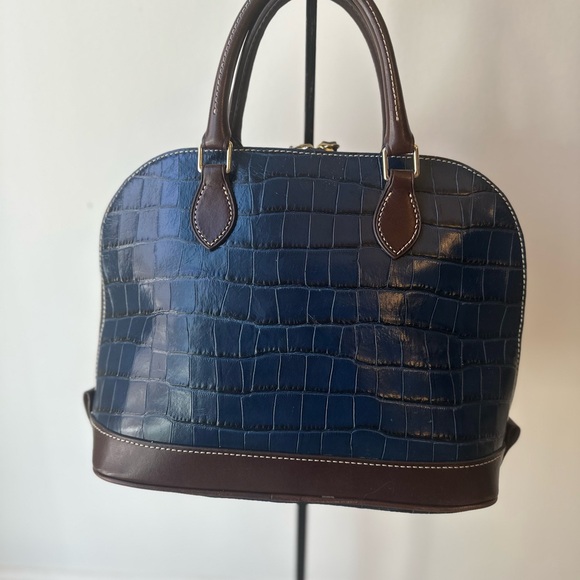 Dooney & Bourke Midnight Blue Croc “Zip-Zip”Embossed Satchel with Brown Trim - Picture 4 of 9